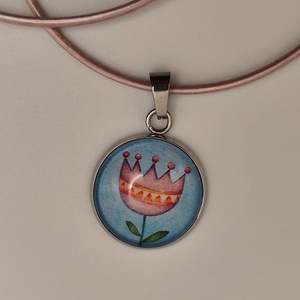 Nyaklánc üveglencsés medállal, tulipános mintával  - Meska.hu