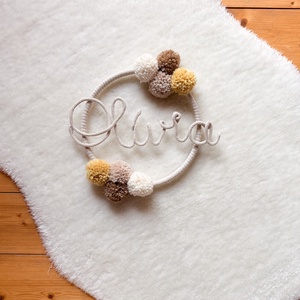 Névre szóló fali dekoráció -Pompom kopogtató, ajtódísz névvel - Pompom, pompon ajándék név felirattal - Meska.hu