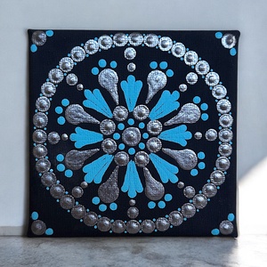 10x10 cm-es pontmandala festmény, feszített vászon ólom és kék színű pontmandalával , Művészet, Festmény, Akril, Festészet, Festett tárgyak, MESKA