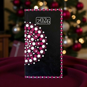 2026. évi fekete műbőr zsebnaptár pink és fehér színű pontmandalával 9,5x17 cm - Meska.hu