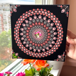 20x20 cm-es pontmandala festmény tükrökkel, feszített vászon szürke, világos és sötét rózsaszínű pontmandalával  - Meska.hu