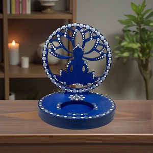 Buddha szimbólumos fa mécsestartó sötétkék, acélkék és fehér pontmandala díszítéssel, ajándék ledes mécsessel - Meska.hu