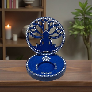 Buddha szimbólumos fa mécsestartó sötétkék, acélkék és fehér pontmandala díszítéssel, ajándék ledes mécsessel - otthon & életmód - gyertya, illat, aroma - mécses és mécsestartó - Meska.hu
