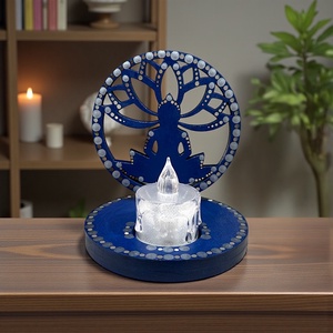 Buddha szimbólumos fa mécsestartó sötétkék, acélkék és fehér pontmandala díszítéssel, ajándék ledes mécsessel - otthon & életmód - gyertya, illat, aroma - mécses és mécsestartó - Meska.hu
