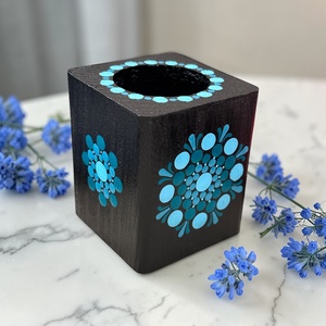 Fa mécsestartó 3 féle türkiz színű pontmandala díszítéssel, ajándék ledes mécsessel, Otthon & Életmód, Gyertya, illat, aroma, Mécses és mécsestartó, Festett tárgyak, Gyertya-, mécseskészítés, MESKA