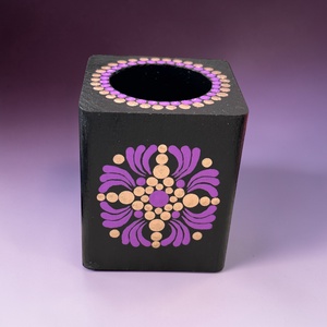 Fa mécsestartó lila és bronz színű pontmandala díszítéssel, ajándék ledes mécsessel - Meska.hu