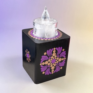 Fa mécsestartó lila és bronz színű pontmandala díszítéssel, ajándék ledes mécsessel - otthon & életmód - gyertya, illat, aroma - mécses és mécsestartó - Meska.hu