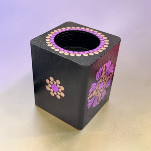 Fa mécsestartó lila és bronz színű pontmandala díszítéssel, ajándék ledes mécsessel - otthon & életmód - gyertya, illat, aroma - mécses és mécsestartó - Meska.hu