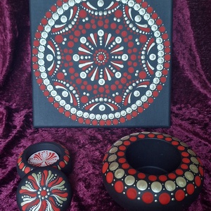 Rituálé Mandala szett- Mécsestartó, Ékszer tartó és festmény, Ékszer, Ékszertartó, Ékszerdoboz, Festett tárgyak, Kerámia, MESKA