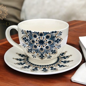 Törtfehér, mandalamintás cappuccinós/kávés szett (antik réz-indigó kék), Otthon & Életmód, Konyhafelszerelés, tálalás, Tálalás, Bögre & Csésze, Festett tárgyak, MESKA