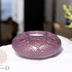 Rusztikus felületű, kerek, mandala mintás teamécses tartó (lila) - otthon & életmód - gyertya, illat, aroma - mécses és mécsestartó - Meska.hu