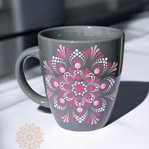 Szürke mandala bögre (mályva- világoslila- fehér), , Festett tárgyak, MESKA