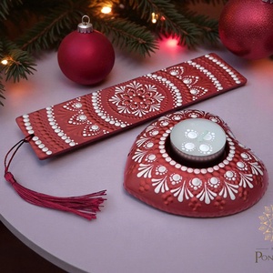 Mandala könyvjelző- és szív mécsestartó szett (vörösbor) - könyv & zene - könyvjelző - Meska.hu