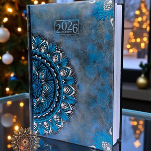 Nagy méretű, fekete (A/5) 2026-os mandala határidőnapló (világoskék, - kék és gyöngyházfehér-metál) - otthon & életmód - papír, írószer - naptár & tervező - Meska.hu