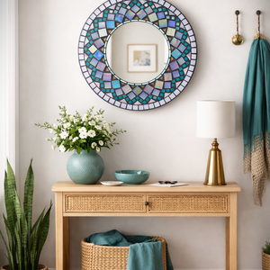 Kör alakú falitükör, eozinos mozaikokkal - otthon & életmód - dekoráció - tükör - Meska.hu