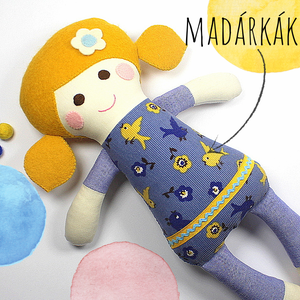 Kislány Baba,  Játékbaba, Textilbaba, Rongybaba, Textil Játék- Sárga Kék Virágos Bella, Játék & Sport, Baba & babaház, Baba, Újrahasznosított alapanyagból készült termékek, Varrás, MESKA