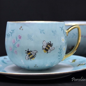 Méhecskés türkiz reggeliző készlet, Otthon & Életmód, Konyhafelszerelés, tálalás, Tálalás, Tányér & Étkészlet, Kerámia, Festett tárgyak, MESKA