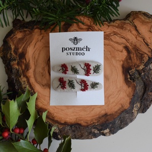Kézzel hímzett lenvászon hajcsat szett  2 db karácsonyi kollekció - ruha & divat - hajdísz & hajcsat - hajcsat & hajtű - Meska.hu