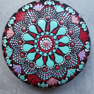 Gipszre festett nagy mandala kő - Türkiz-piros, Otthon & Életmód, Dekoráció, Spiritualitás, Mandala, Festett tárgyak, MESKA
