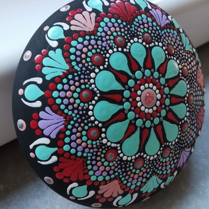 Gipszre festett nagy mandala kő - Türkiz-piros - otthon & életmód - dekoráció - spiritualitás - mandala - Meska.hu