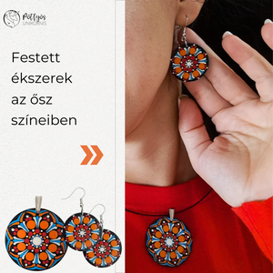 Fa alapra festett medál + fülbevaló szett - Narancssárga-kék, Ékszer, Ékszerszett, Festett tárgyak, Ékszerkészítés, MESKA