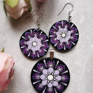 Többféle fa medál + fülbevaló szett - Türkiz/Lila/Sárga választható variációkban - ékszer - ékszerszett - Meska.hu