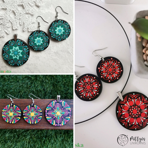 Többféle fa medál + fülbevaló szett - Tarka/Piros/Türkiz választható variációkban, Ékszer, Ékszerszett, Festett tárgyak, Ékszerkészítés, MESKA