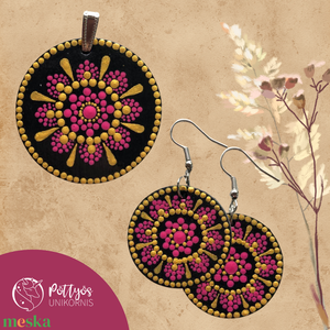 Többféle fa medál + fülbevaló szett - Kék-rózsaszín/ Arany-pink/ Narancs-lila választható variációkban - ékszer - ékszerszett - Meska.hu