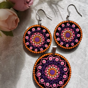 Többféle fa medál + fülbevaló szett - Rózsaszín-narancs/Kék-zöld/Narancs-kék választható variációkban - ékszer - ékszerszett - Meska.hu