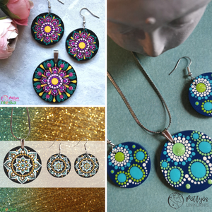 Többféle fa medál + fülbevaló szett - Kék/Virágmintás/Arany-menta választható variációkban, Ékszer, Ékszerszett, Festett tárgyak, Ékszerkészítés, MESKA