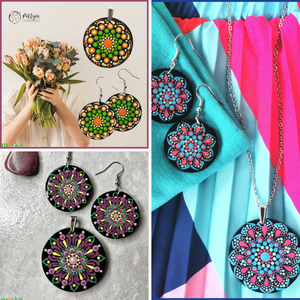 Többféle fa medál + fülbevaló szett - Zöld-narancssárga/ Rózsaszín-kék/ Mályva választható variációkban, Ékszer, Ékszerszett, Festett tárgyak, Ékszerkészítés, MESKA