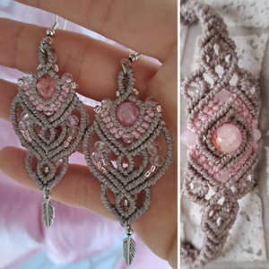 Mikromakramé karkötő + fülbevaló szett - Szürke-rózsaszín, Ékszer, Karkötő, Fonott karkötő, Ékszerkészítés, Csomózás, MESKA