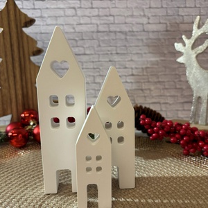 Gipsz - Cement Szívecskés Házikó 3 db/szett, Karácsony, Karácsonyi lakásdekoráció, Karácsonyi falu, házikó, Gipszöntés, MESKA