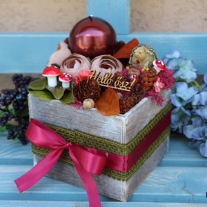 Őszi box metál bordó gyertyával - otthon & életmód - dekoráció - asztal és polc dekoráció - asztaldísz - Meska.hu