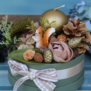 Őszi box metál arany gyertyával, mókussal - otthon & életmód - dekoráció - asztal és polc dekoráció - asztaldísz - Meska.hu