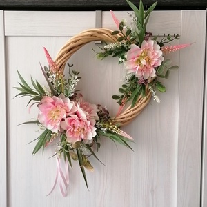 Rózsaszín fonott alapú kopogtató , Otthon & Életmód, Dekoráció, Ajtó- és ablak dekoráció, Ajtódísz & Kopogtató, Virágkötés, MESKA