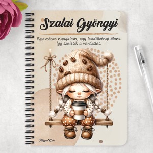 Személyre szabható - Hintázó kávés manó lány mintás A5-ös füzet - otthon & életmód - papír, írószer - jegyzetfüzet & napló - Meska.hu