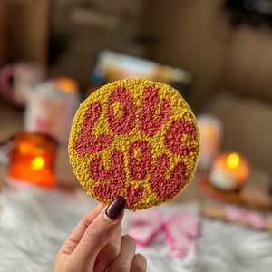 Hímzett poháralátét, Love you , Otthon & Életmód, Dekoráció, Dísztárgy, Hímzés, MESKA