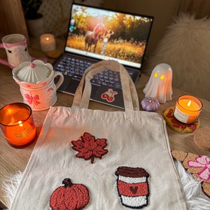 Hímzett vászontáska, kávé, levél, tök - táska & tok - bevásárlás & shopper táska - shopper, textiltáska, szatyor - Meska.hu