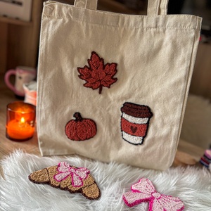 Hímzett vászontáska, kávé, levél, tök - táska & tok - bevásárlás & shopper táska - shopper, textiltáska, szatyor - Meska.hu