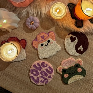 Hímzett poháralátét, 4 db-os szet (Yin-Yang, �love you, béka, szellem), Otthon & Életmód, Dekoráció, Dísztárgy, Hímzés, MESKA