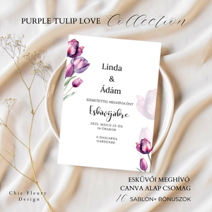 Esküvői meghívó digitális Canva alap sablon csomag, Purple Tulip Love Collection - Meska.hu