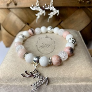 Pink zebra jáspis  Tejkvarc  Hegyikristály  Lávakő karkötő és fülbevaló szarvas medállal, Ékszer, Karkötő, Ásványkarkötő, Ékszerkészítés, MESKA