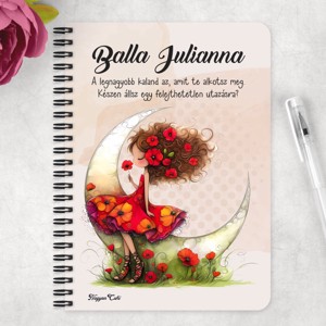 Személyre szabható - Aranyos pipacs tündérlány és a hold mintás A6-os füzet - otthon & életmód - papír, írószer - jegyzetfüzet & napló - Meska.hu