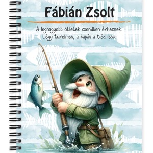 Személyre szabható - Horgász manó és a nagy fogás mintás A6-os füzet, Otthon & Életmód, Papír, írószer, Jegyzetfüzet & Napló, , MESKA