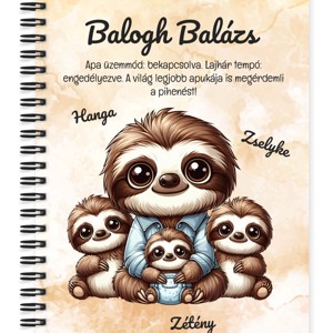 Személyre szabható - Cuki lajhár Apa és három kis lajhár mintás A6-os füzet, Otthon & Életmód, Papír, írószer, Jegyzetfüzet & Napló, , MESKA