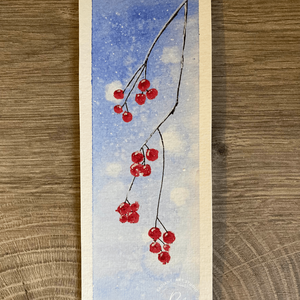 Téli mintájú bogyós könyvjelző kék háttérrel, Művészet, Festmény, Akvarell, Festészet, MESKA