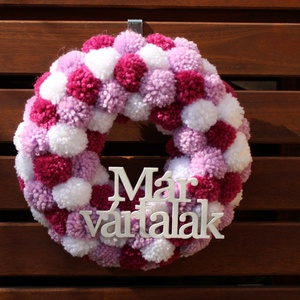 Már vártalak pompon koszorú - lila, fehér - otthon & életmód - dekoráció - ajtó- és ablak dekoráció - ajtódísz & kopogtató - Meska.hu