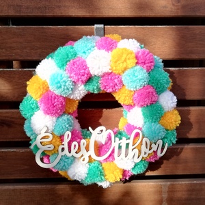 Édes otthon pompon koszorú - otthon & életmód - dekoráció - ajtó- és ablak dekoráció - ajtódísz & kopogtató - Meska.hu