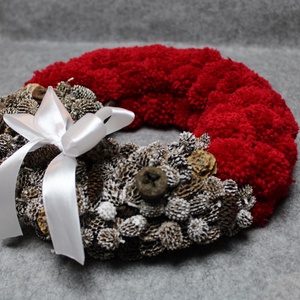 Adventi piros pompon koszorú - bordó, barna - karácsony - adventi díszek - adventi ajtódísz - Meska.hu